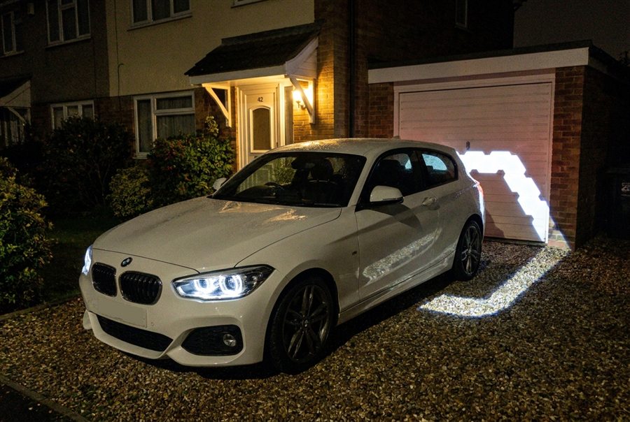 Priya's BMW with white DRLs